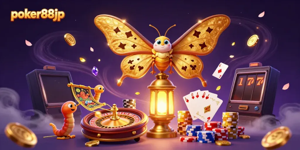 Win big with poker88jp: immerse in a vibrant world of casino elements with a majestic moth and golden coins.