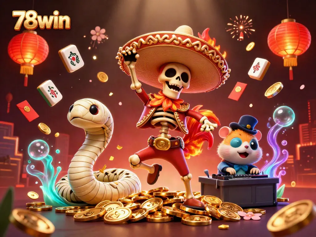 Engage with 78win through a vibrant 3D scene capturing a jubilant mariachi rooster celebrating on gold coins.