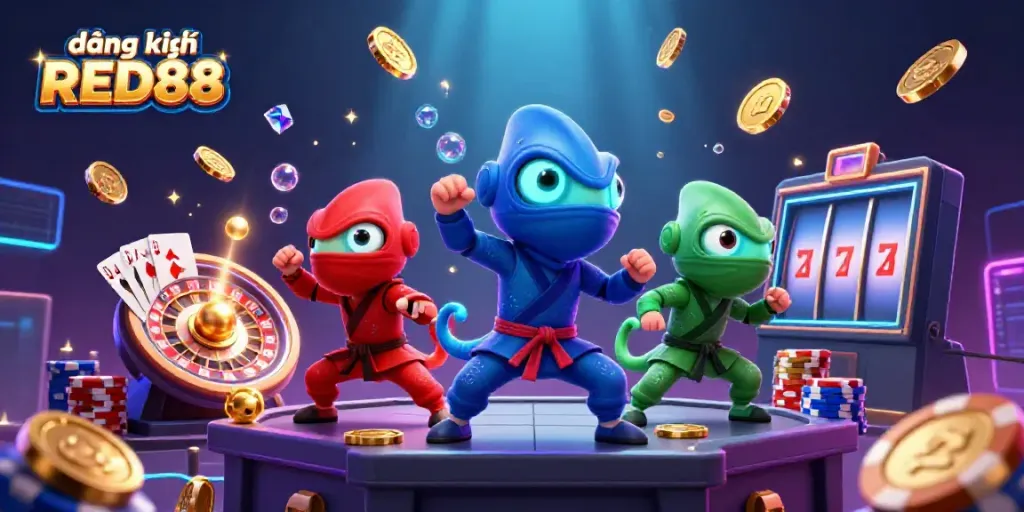 Engage with đăng ký RED88, showcasing a dynamic 3D scene of chameleon ninjas amidst golden coins and casino elements.
