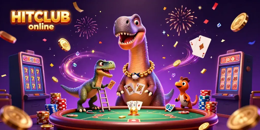Experience the thrilling atmosphere of HITCLUB online with a dynamic 3D casino scene featuring vibrant characters and game elements.