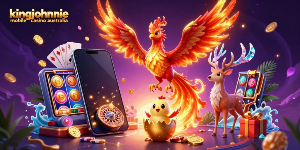 Experience kingjohnnie mobile casino australia with vibrant phoenix and gaming elements celebrating big wins.