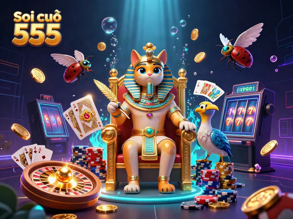 Soi cầu 555 reveals a colorful pharaoh cat in a casino scene with spinning roulette and sparkling chips.