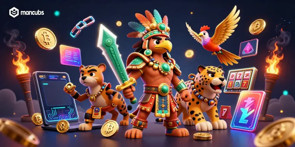 Engage with manclubs excitement through vibrant 3D casino imagery featuring warriors and slot reels.