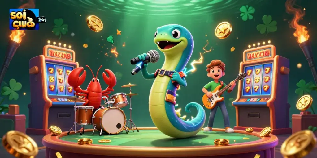 Soi cầu 24h showcases a lively underwater casino scene with an electric eel DJ, lobster drummer, and seahorse guitarist.