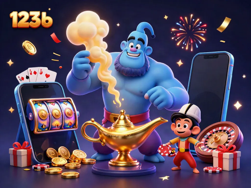 Experience the excitement of betting with 123 b, featuring a genie, monkey, and vibrant casino elements.