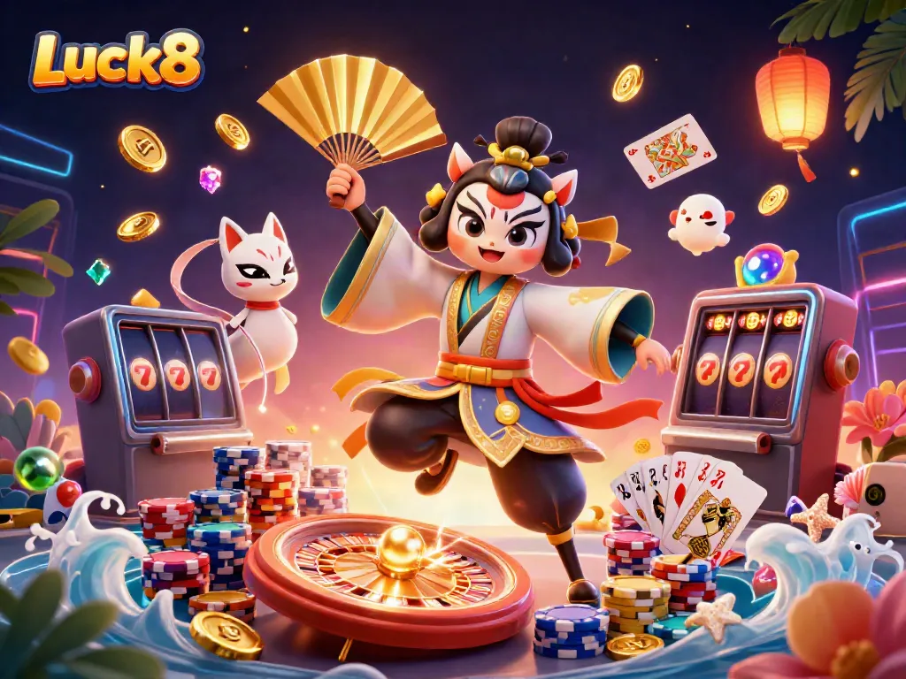 Experience Luck8's vibrant casino scene with kabuki warrior and kitsune alongside dynamic gaming elements.