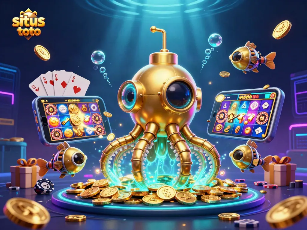Experience situs toto gaming with a dynamic underwater scene featuring a golden kraken submarine and casino symbols.