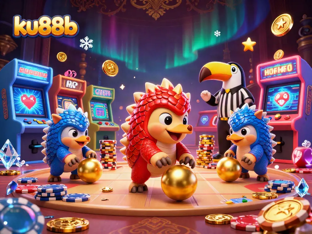 ku88b showcases lively casino competition with pangolins rolling poker chips in a vibrant 3D illustration.