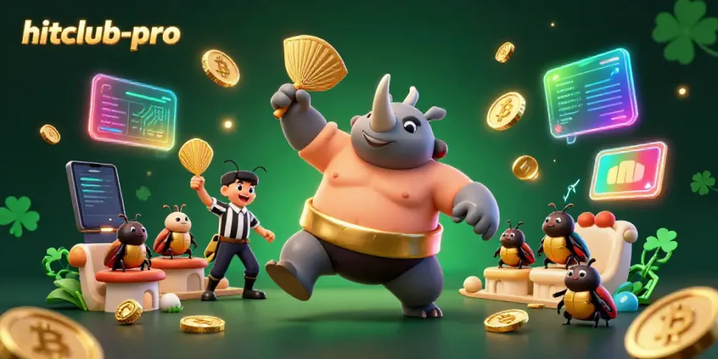 Capture the excitement of hitclub-pro with a powerful beetle champion in a lively casino-inspired scene.