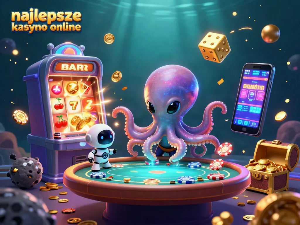Engaging scene showcasing najlepsze kasyno online with an alien octopus, poker elements and vibrant gaming symbols