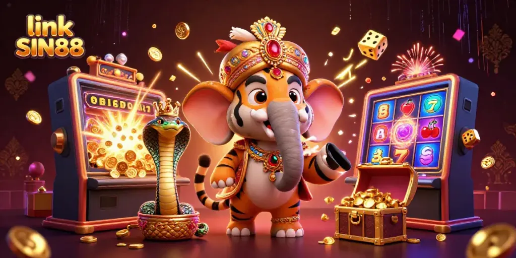 Join the action with link SIN88 at this vibrant virtual casino scene filled with slot machine excitement.