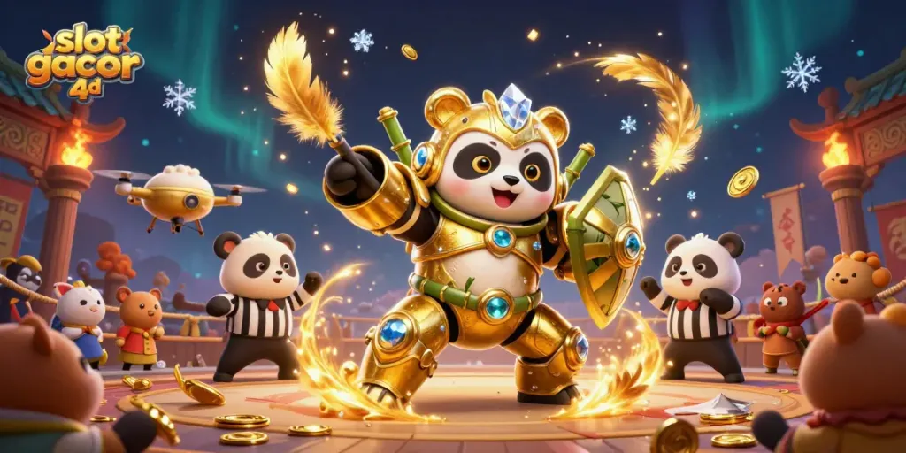 Menang besar di slot gacor 4d dengan karakter panda emas di arena penuh gemerlap.