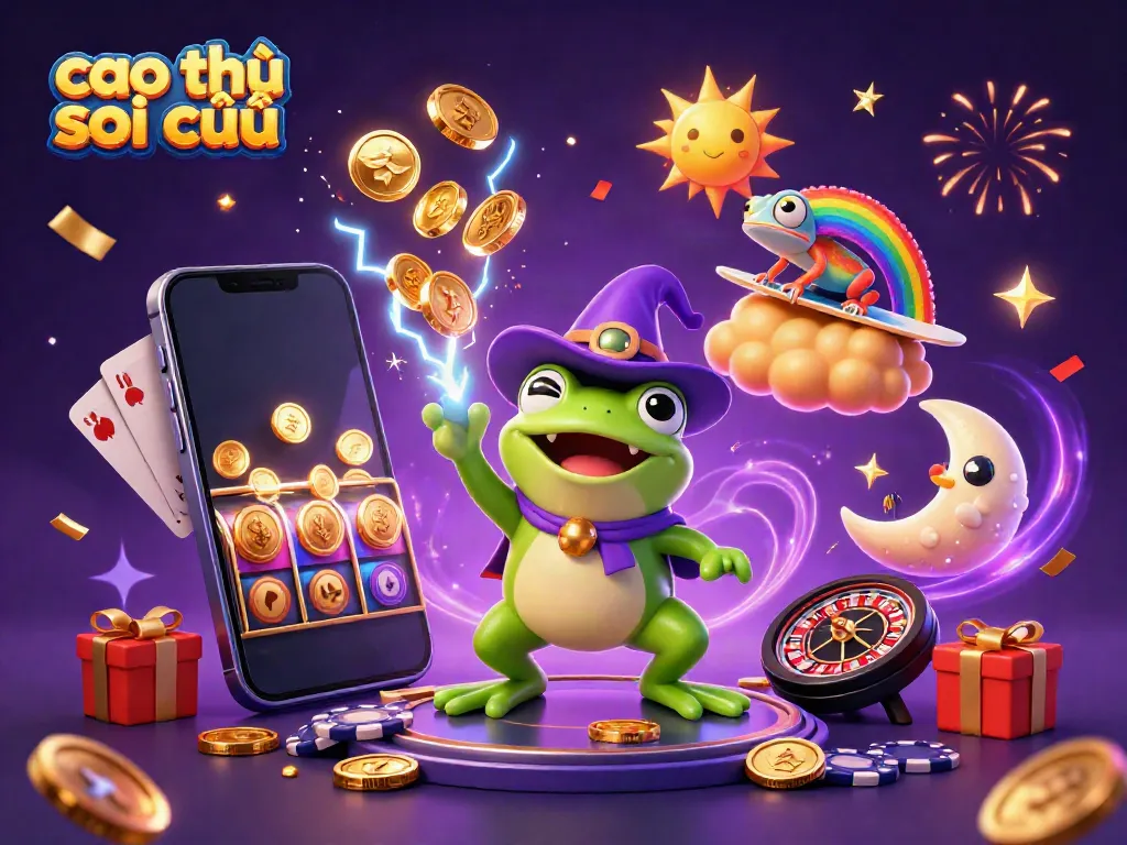 Engage with cao thủ soi cầu as a weather wizard frog controls a gold coin storm with a rainbow chameleon.