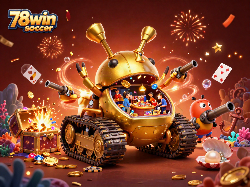 Experience the thrill of 78win soccer with a dynamic casino inside a golden beetle tank illustration.