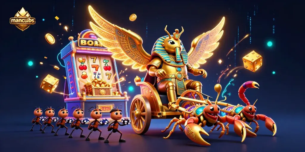 Spin the reels with manclubs as golden tokens erupt from a massive slot machine!