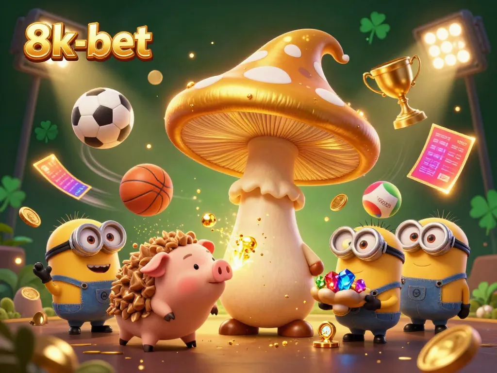 Engage with the magic of 8k-bet as golden treasures and sports elements collide in an enchanting casino scene.
