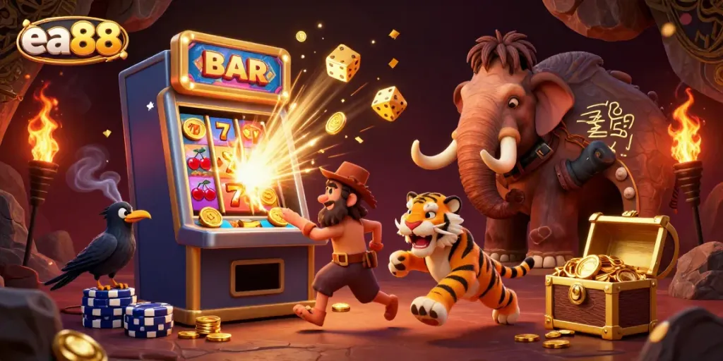 Experience the exciting ea88 casino scene with cavemen and a saber-tooth tiger playing dynamic games.
