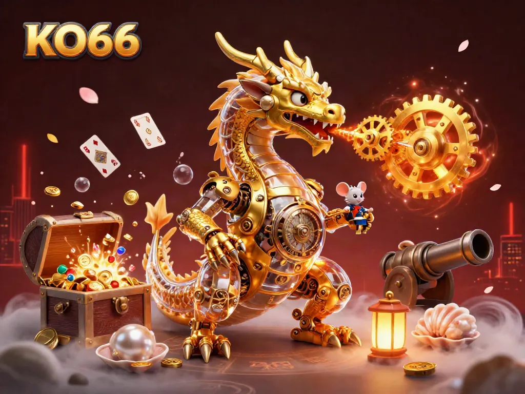 Experience the excitement of KO66 casino with a dynamic scene showcasing a biomechanical dragon and treasure elements.