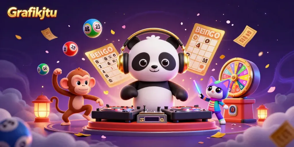 Grafikjitu showcases a lively casino scene with dynamic characters and vibrant lottery elements.