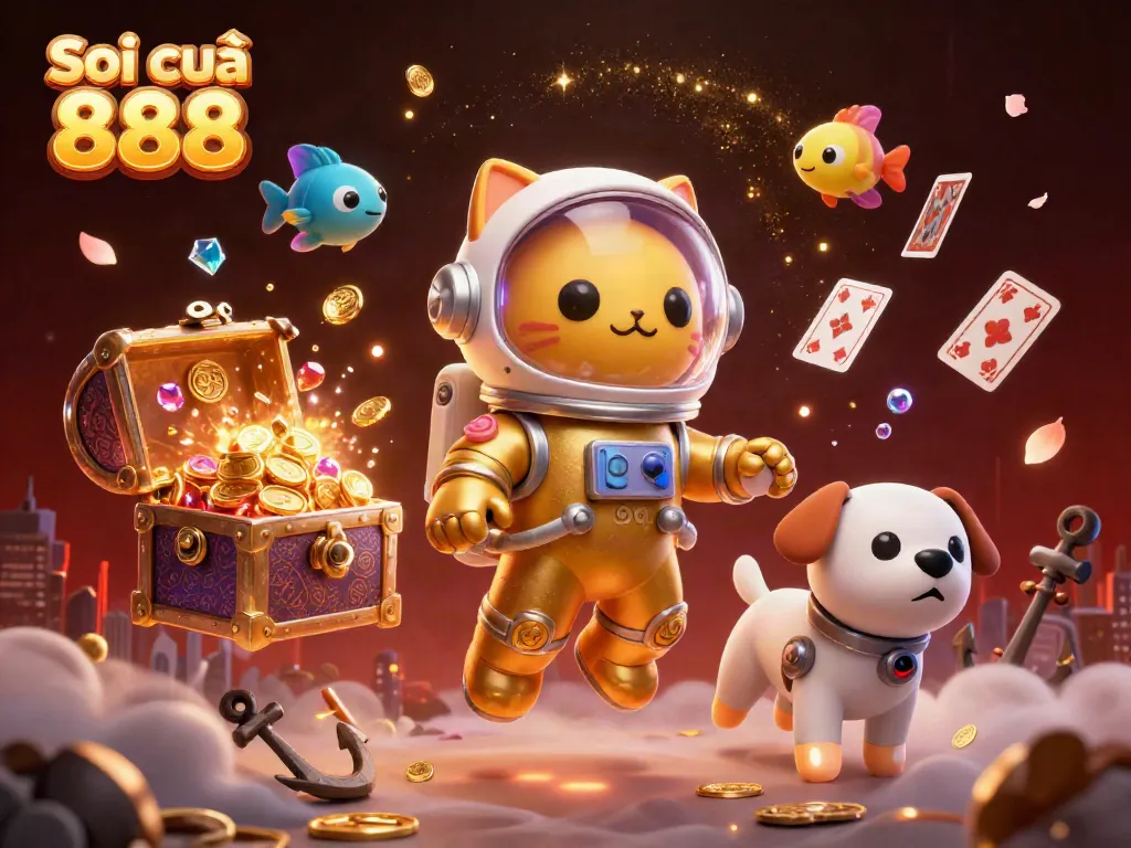 Soi cầu 888 showcases a thrilling scene with a space cat and robot dog surrounded by cosmic treasures.