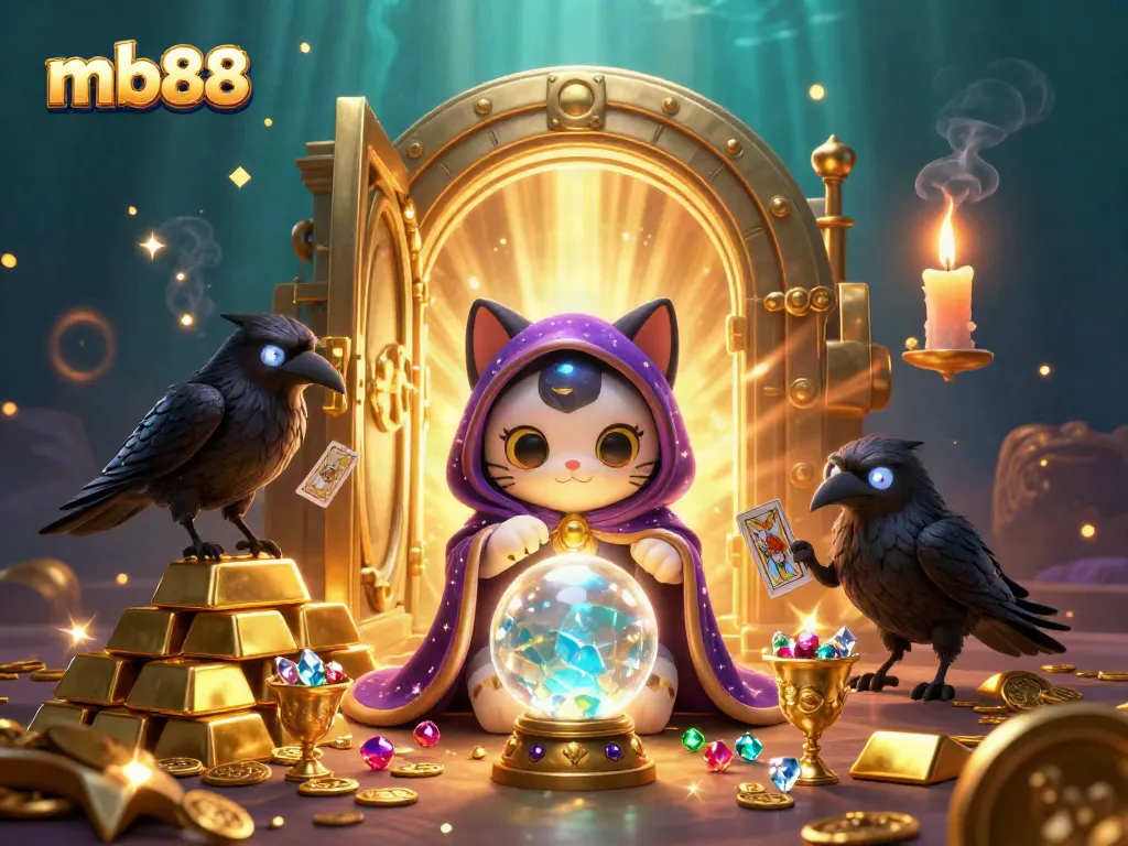 Experience the thrill of mb88 with a mystic cat and tarot raven amid treasures of gold and jewels.