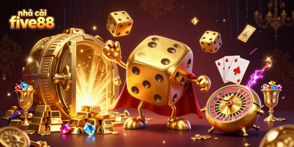 Experience the excitement of nhà cái five88 with a dynamic golden dice scene overflowing with treasure.