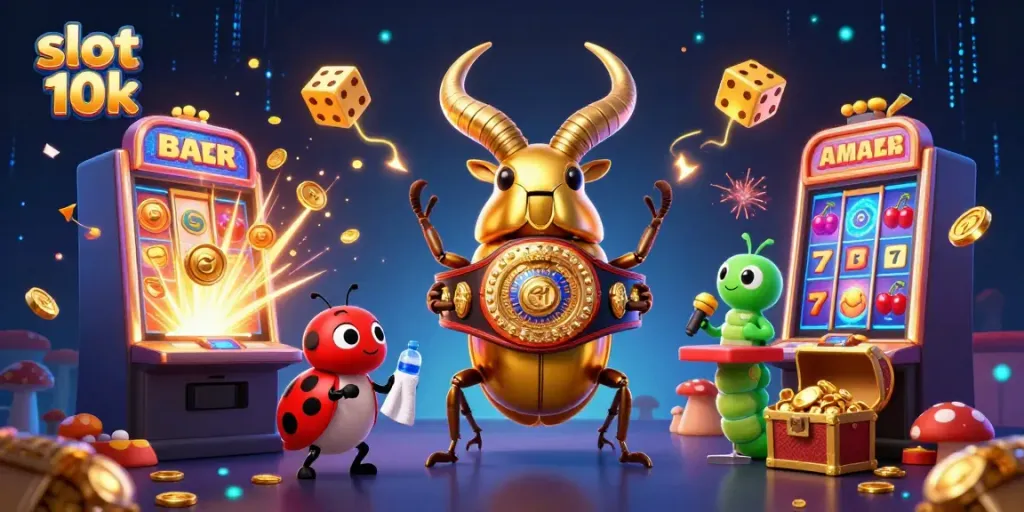 Experience excitement with slot 10k, featuring dynamic cartoon characters amid exploding jackpots and vibrant casino elements.