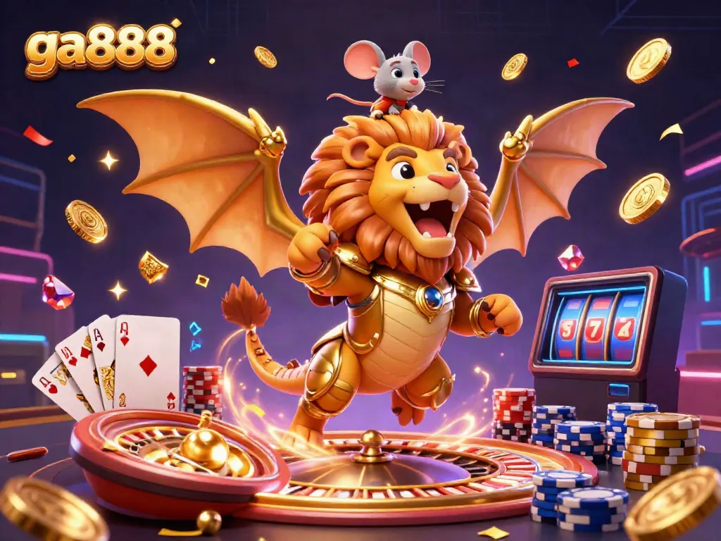 ga888 captures a vibrant casino world with a chimera, golden coins, and roulette effects, bringing excitement.