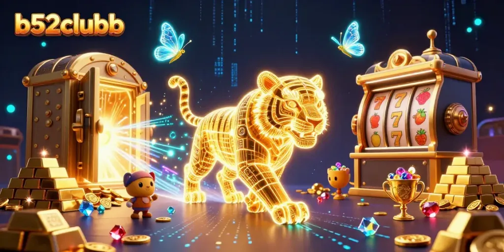 b52clubb showcases a vibrant casino scene with a neon tiger and dynamic slot game elements.