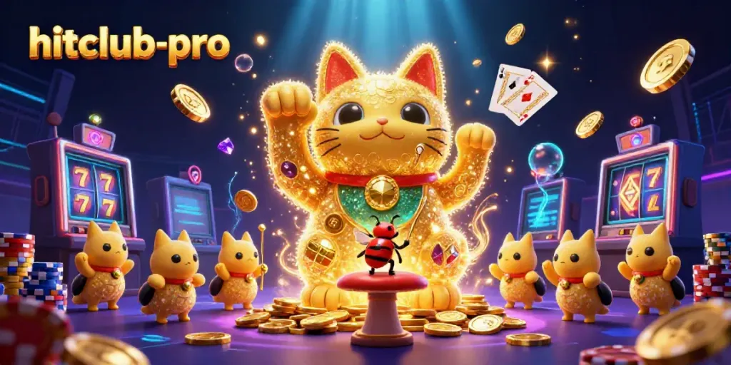Experience the excitement of hitclub-pro with a vibrant illustration showcasing golden fireflies and casino elements.
