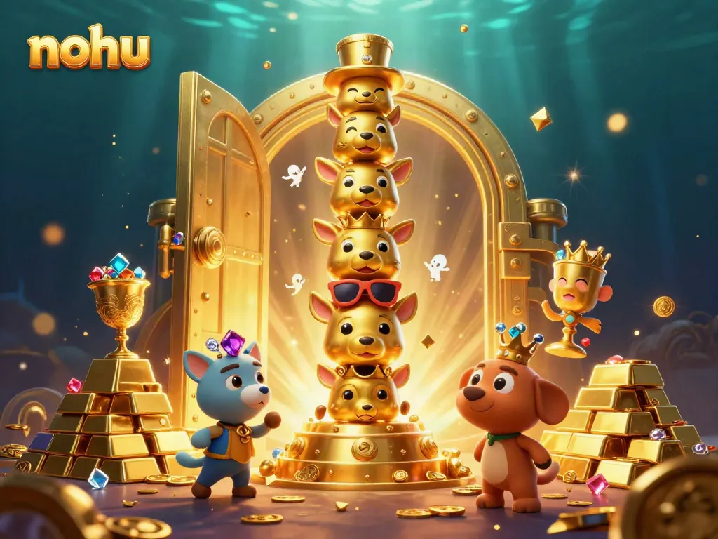 Engage with nohu's thrilling atmosphere through a vibrant 3D illustration featuring golden treasures and lively characters.