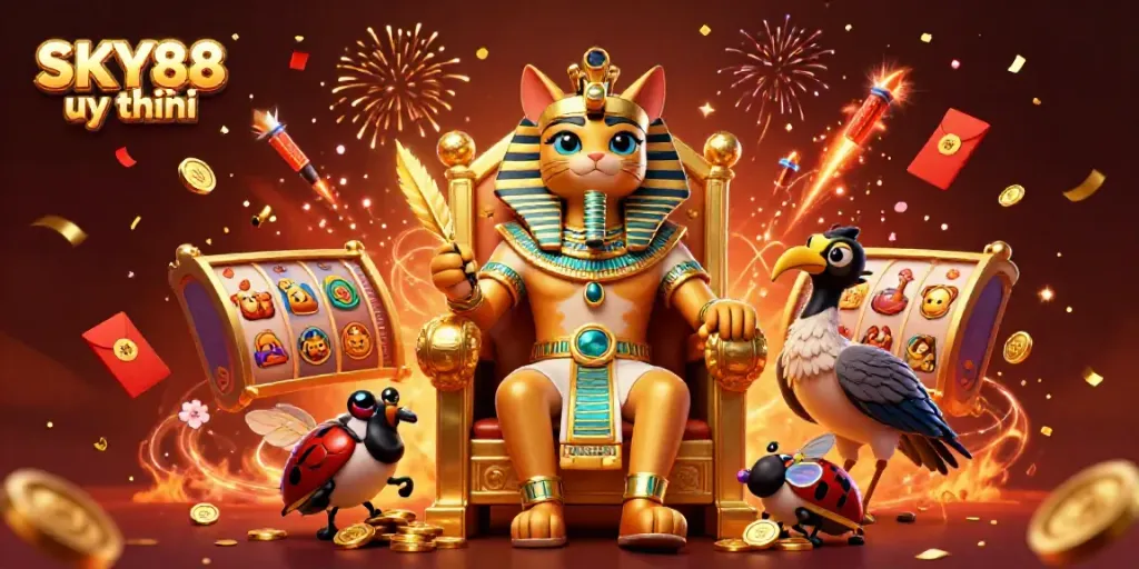 Experience thrilling moments with SKY88 uy tín, featuring vibrant casino elements and animated characters in a dynamic scene.