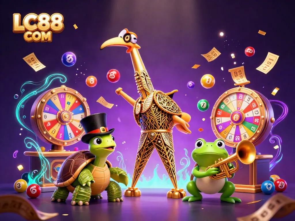 Engage with the vibrant LC88 COM casino illustration showcasing lively gaming elements and characters.