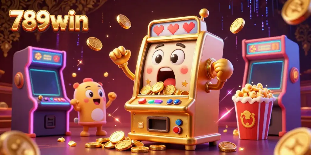 Experience the thrill of 789win with a joyful golden slot machine hitting a jackpot, amidst cheering baby slots and dynamic game elements.