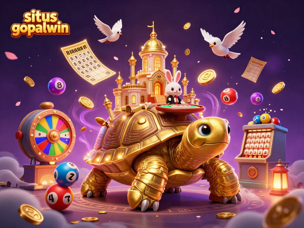 Engage with situs gopalwin's vibrant lottery-themed illustration featuring a tortoise casino and animated game elements.