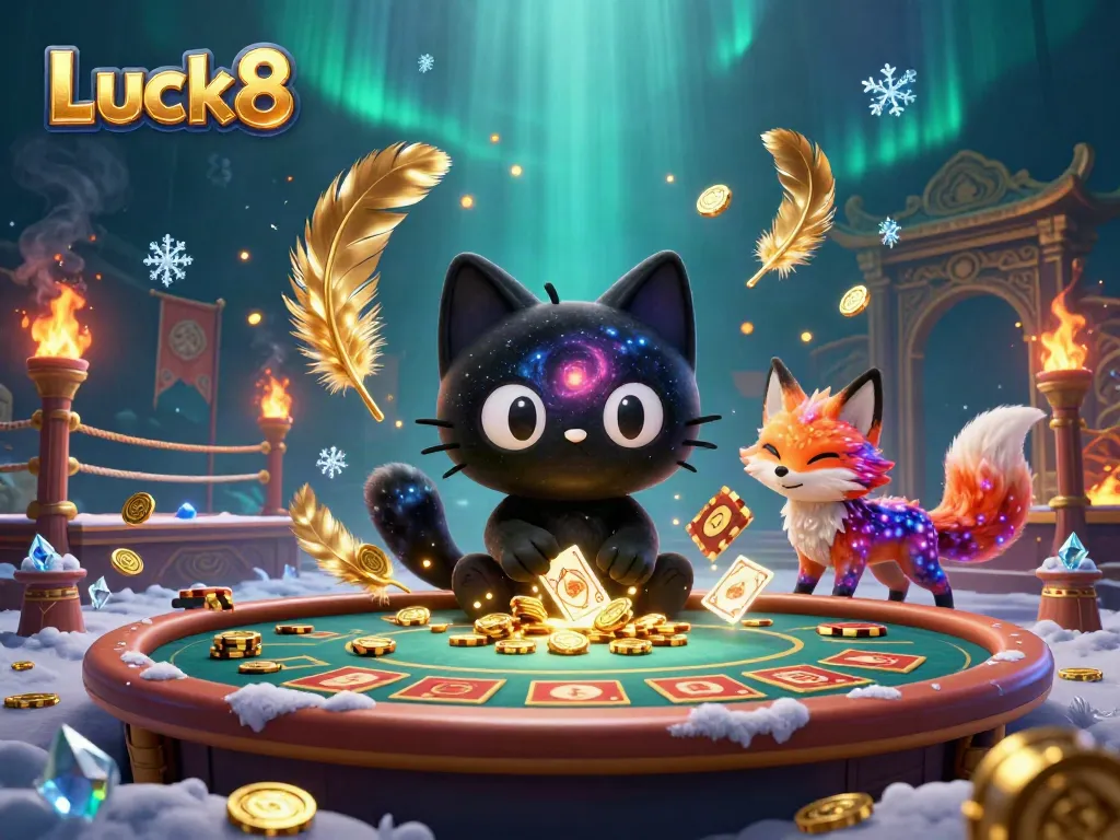 Experience the excitement of Luck8 as the black hole cat pulls in chips and cards at a cosmic casino.
