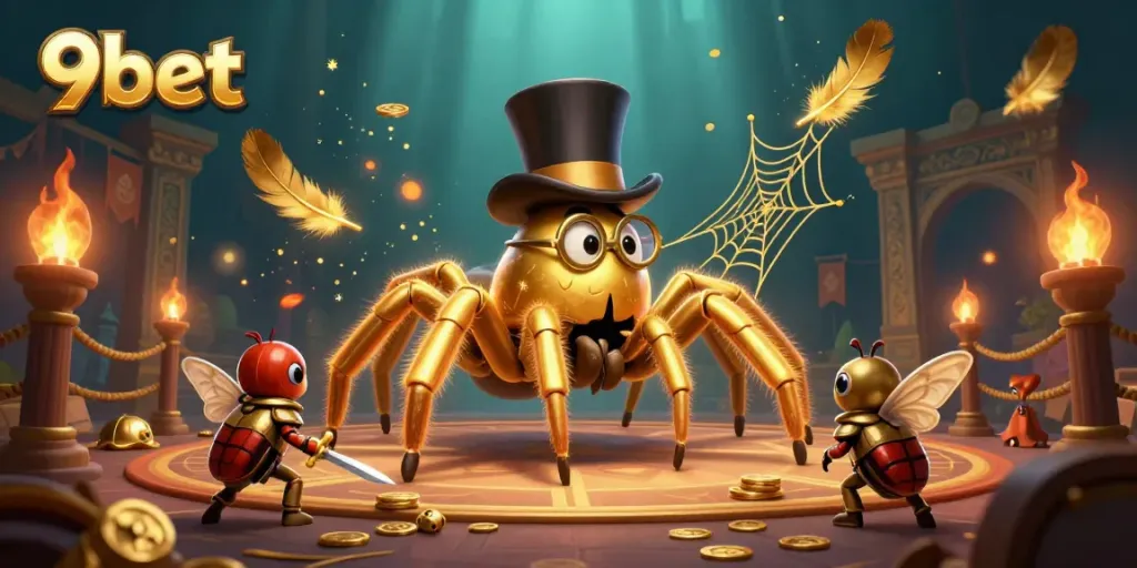 Engage with 9bet's thrilling atmosphere featuring a golden tarantula weaving luck within a vibrant casino scene.