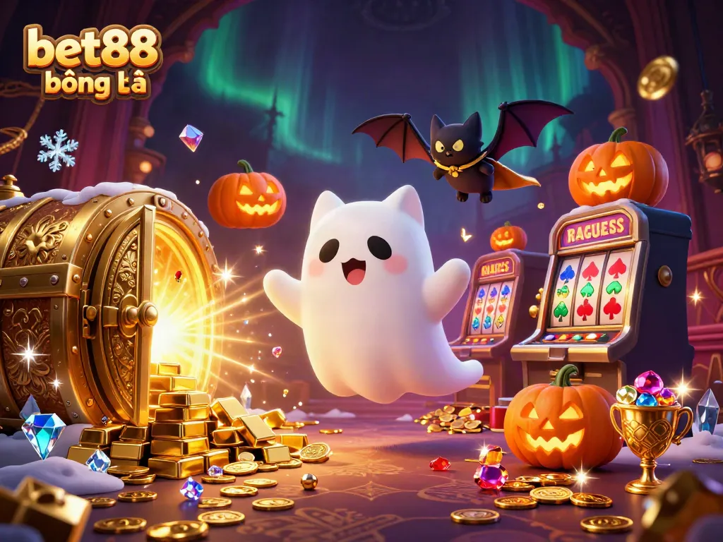 Experience the thrill of bet88 bóng đá in this vibrant, haunted casino scene featuring a ghost cat, vampire bat, and glowing jack-o-lanterns.