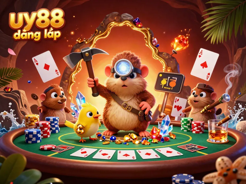 Engage in the excitement of uy88 đăng nhập with a lively 3D illustration of a treasure hunter mole at a glamorous poker scene.