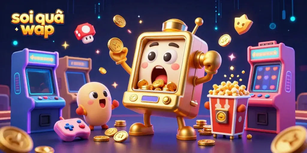 Experience the excitement of soi cầu wap with a cartoon golden slot machine celebrating a jackpot while baby machines cheer in a vibrant casino scene.