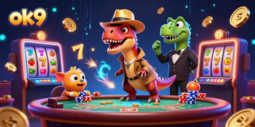 ok9 velociraptor card counter blends into a lively casino scene with slot reels and golden coins.