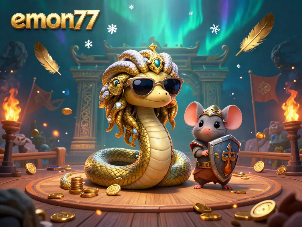 Experience the excitement of emon77 with Medusa and a warrior in a vibrant online casino atmosphere.