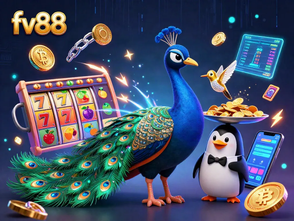 Engage with the vibrant fv88 casino scene featuring a colorful peacock, penguin, and hummingbird amid lively slot reels and crypto coins.