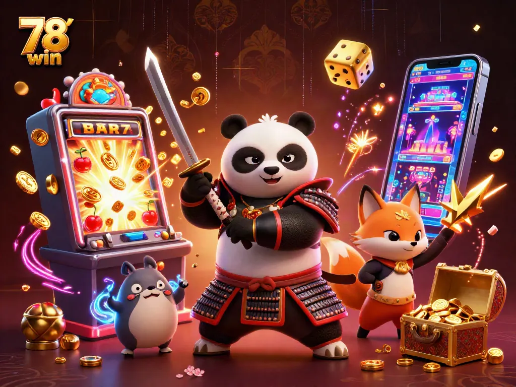 Spin the reels of 78 win with a delightful 3D casino scene featuring vibrant gaming elements.