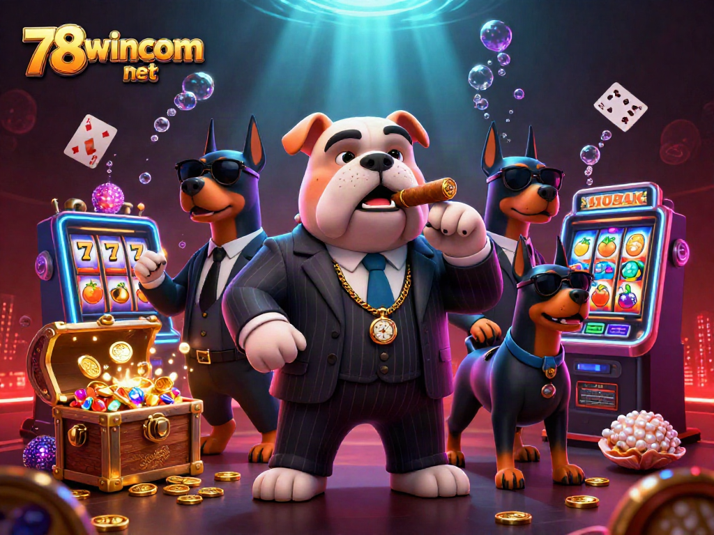 Bet on excitement with 78wincom net in this vibrant casino scene featuring a mafia bulldog.
