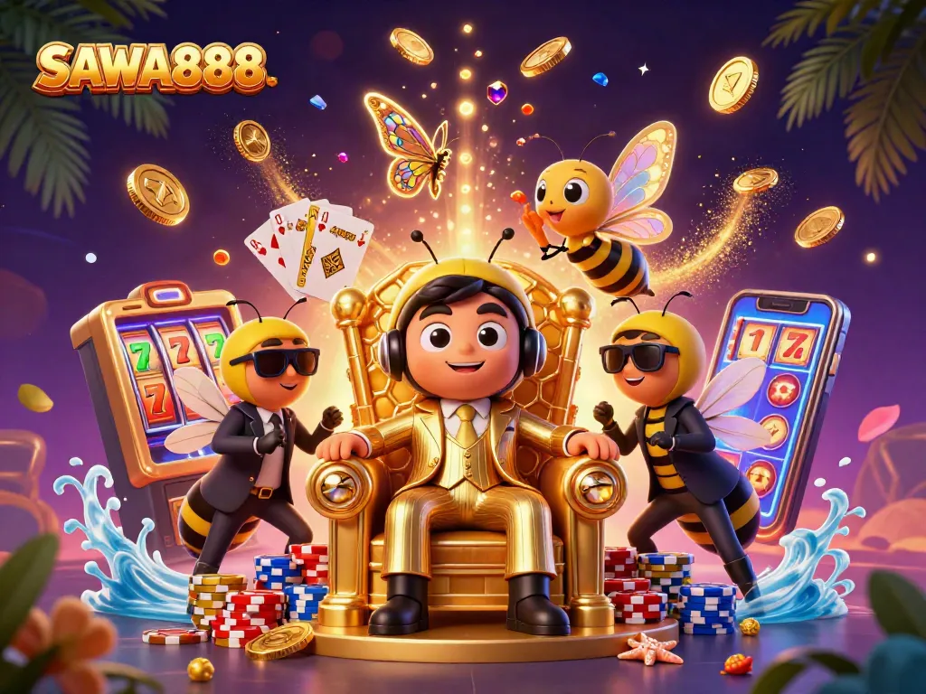Watch the thrilling SAWA888 gaming escapade with a bumblebee mob boss and vibrant slot reels.