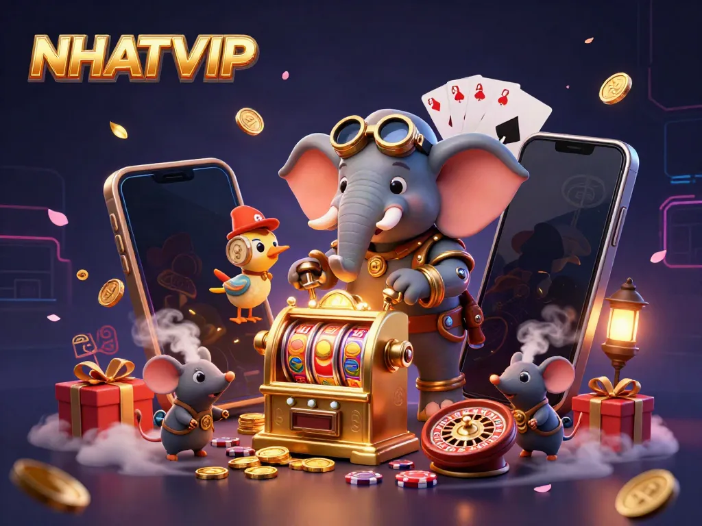 Spin the reels with NHATVIP's steampunk characters amid treasures and gaming elements.