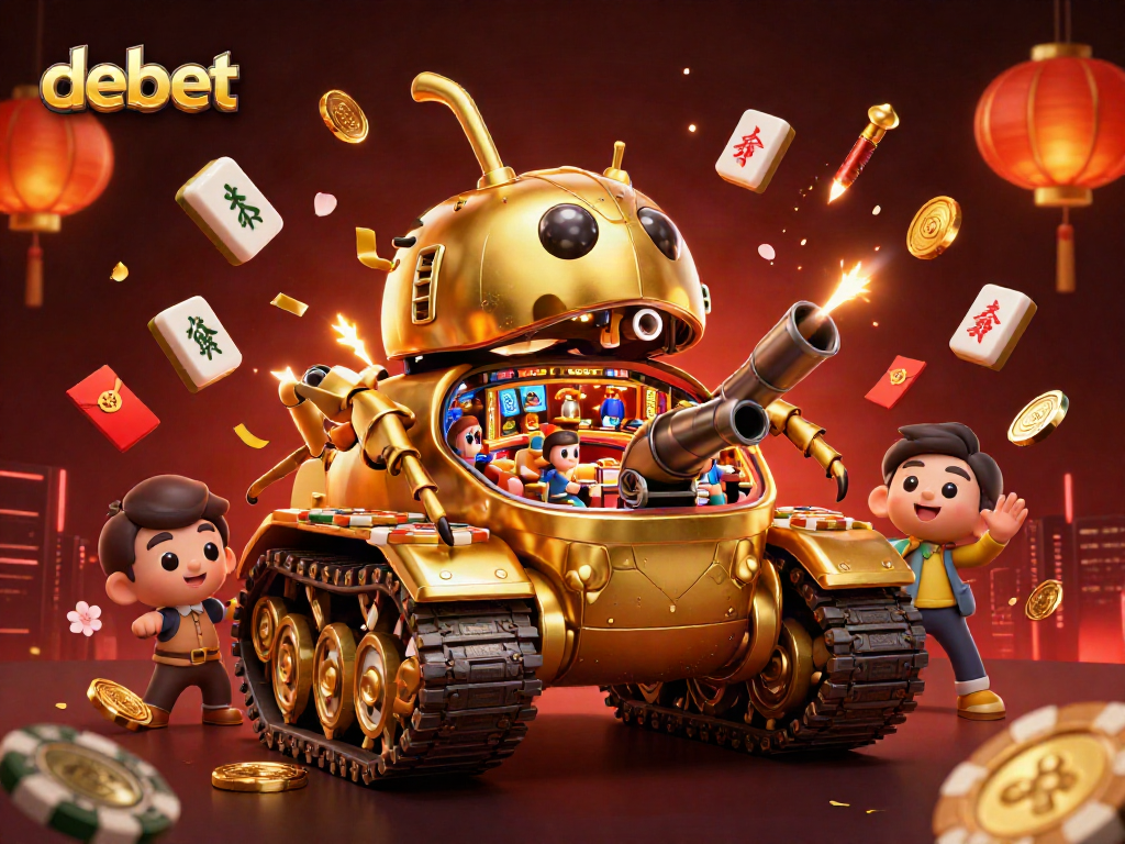 Experience the exciting world of debet with an animated scene of a golden beetle casino tank and festive elements.