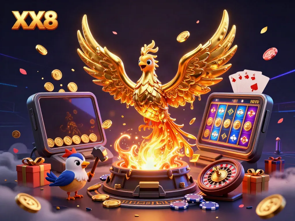 Experience thrilling wins with XX8's golden phoenix and exciting gaming elements in a vibrant casino scene.