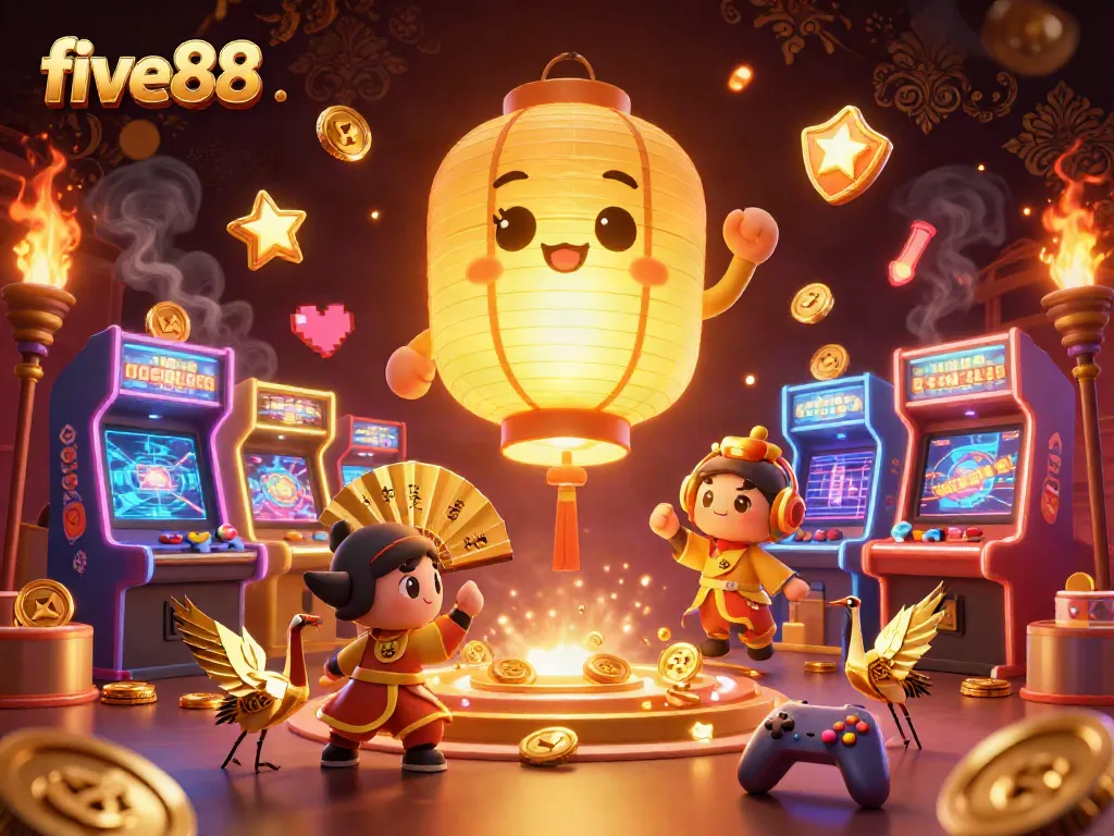 Engage with the vibrant energy of five88, featuring a golden lantern spirit above a bustling casino.